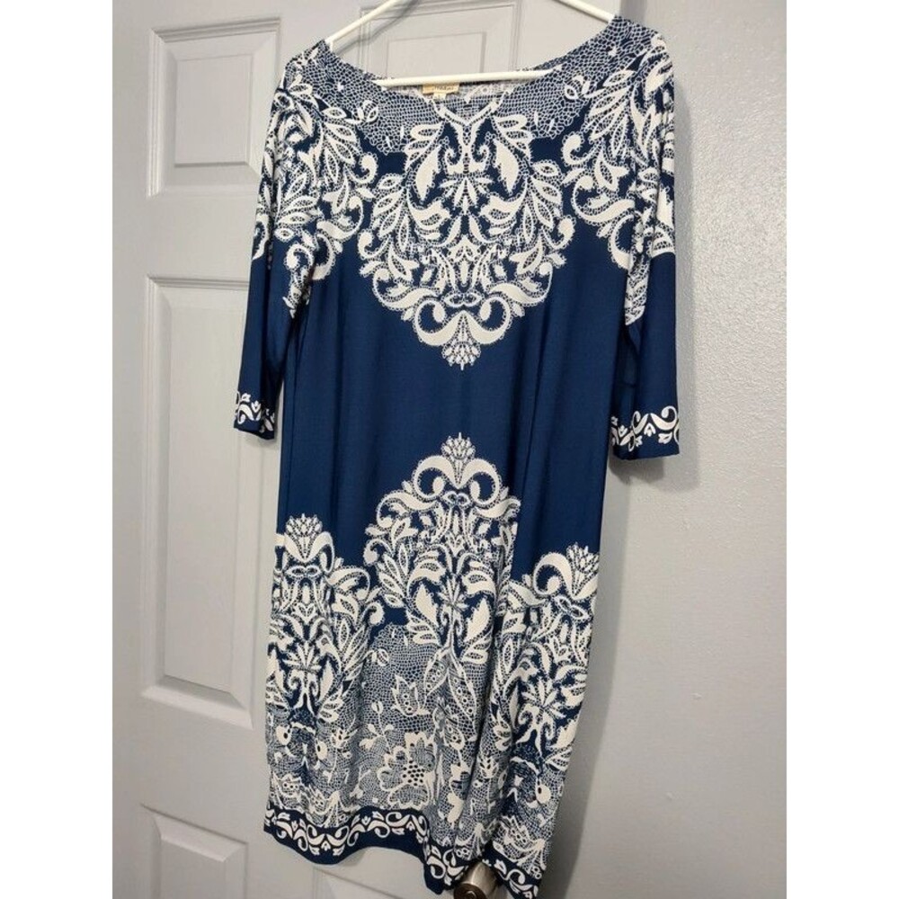 Women's blue navy white floral light formal style office midi dress size L